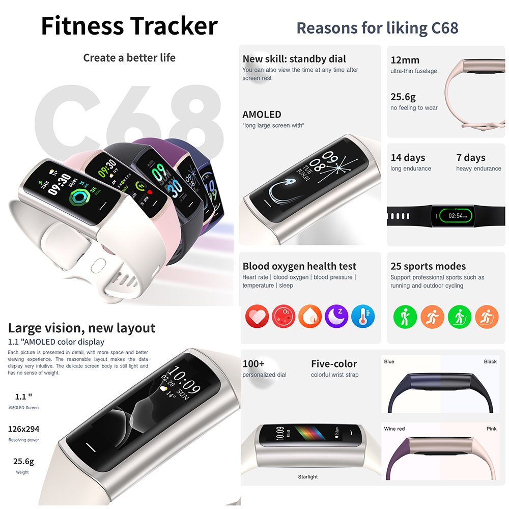 C68 heart rate health test 25 sports mode Fitness tracker AMOLED screen smart watch bracelet band C68